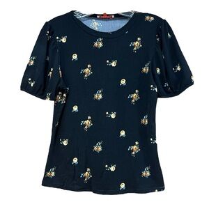 Black Floral Puff Sleeve Shirt Large